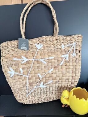 Threshold Embroidered Water Hyacinth Basket Tote Beach Bag